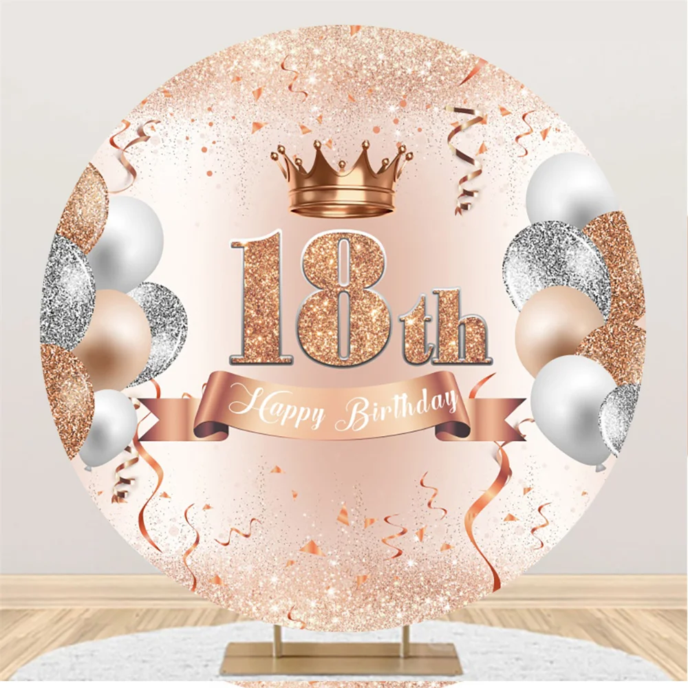 

Golden Pink Circle Backdrop Crown Ribbon for 18th 20th Birthday Party Photo Decor Custom Round Background Studio Booth Poster