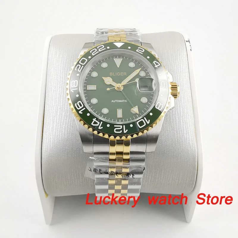 Мужские часы bliger 40 мм GMT с зеленым циферблатом светящиеся стеклянные