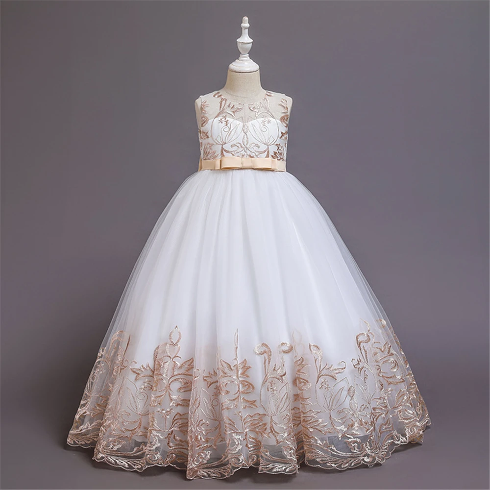 Детское платье цвета шампанского с вышивкой в пол|girls formal dresses|child bridesmaiddress for |