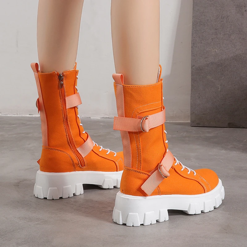 

2021 Autumn Combat Boots Women Gothic Platform Shoes Black Beige Canvas Ankle Boots Punk Lace Up Buckle Strap Motorcycle Boots