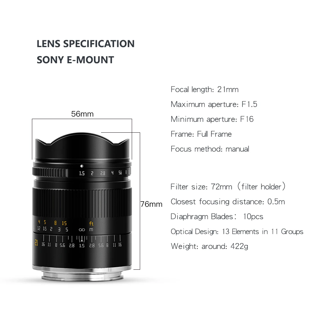 Объектив TTArtisan для камеры 21 мм F1.5 Полная поддержка ручной фокусировки Sony E Canon RF Nikon