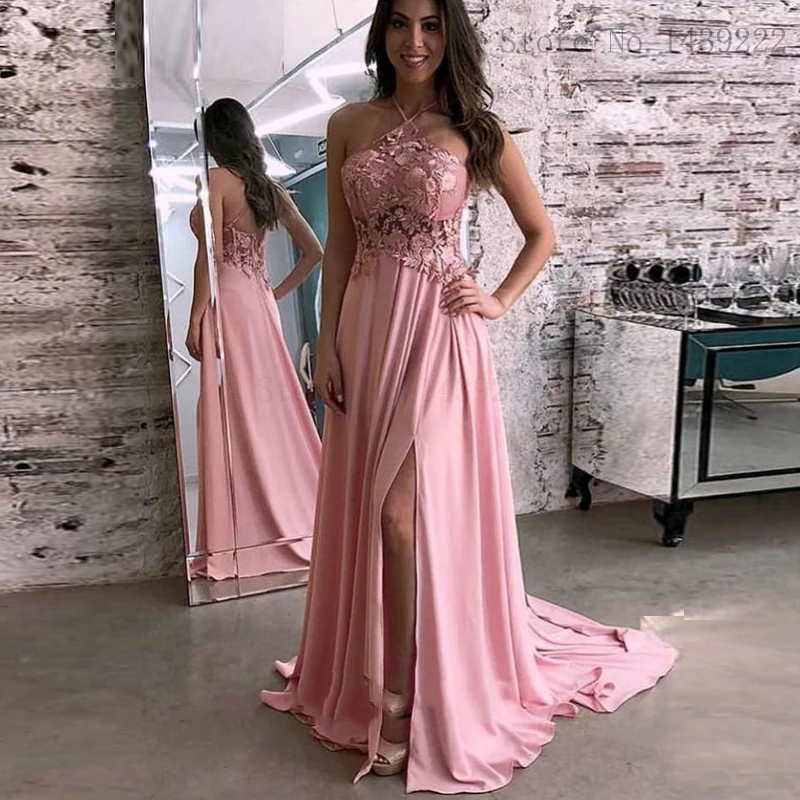 Розовые вечерние платья с лямкой на шее, ТРАПЕЦИЕВИДНОЕ шифоновое кружевное платье с аппликацией для особых случаев, Формальные Вечерние п...