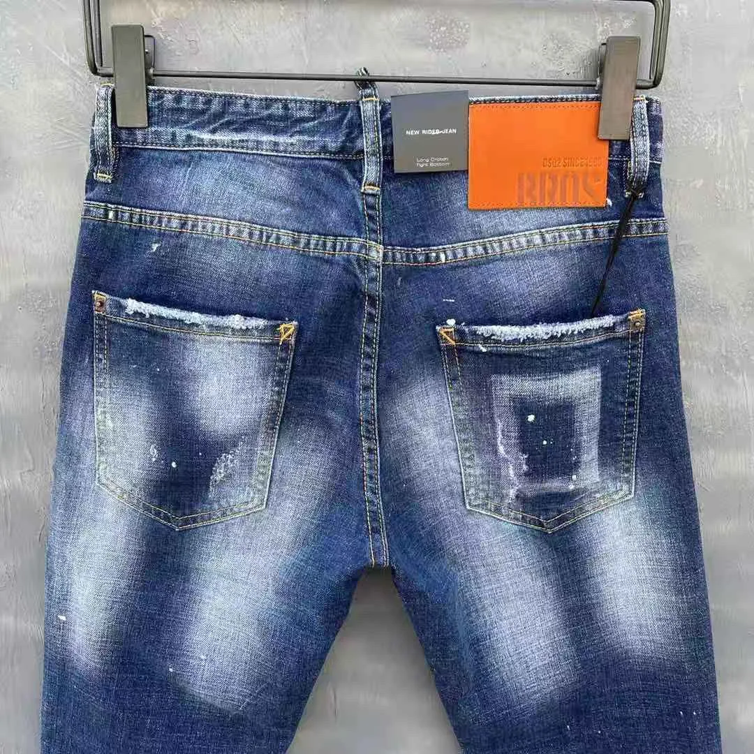 2022 Spring Summer DSQUARED2 Men's/Women's Washed Blue Simple Slim-Fit Stretch Hole Patch Jeans 9150