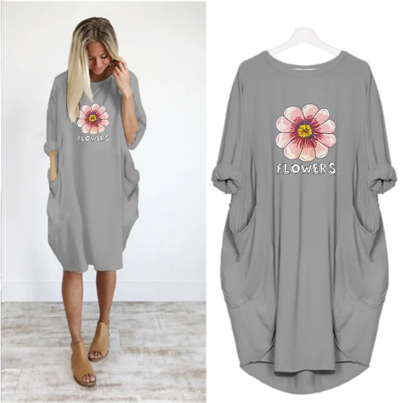 

Dress Women Spring Flowers Printed Pocket Loose Dresses Vintage Maxi Oversized Party Casual Dresses Women Plus Size Dress Robe