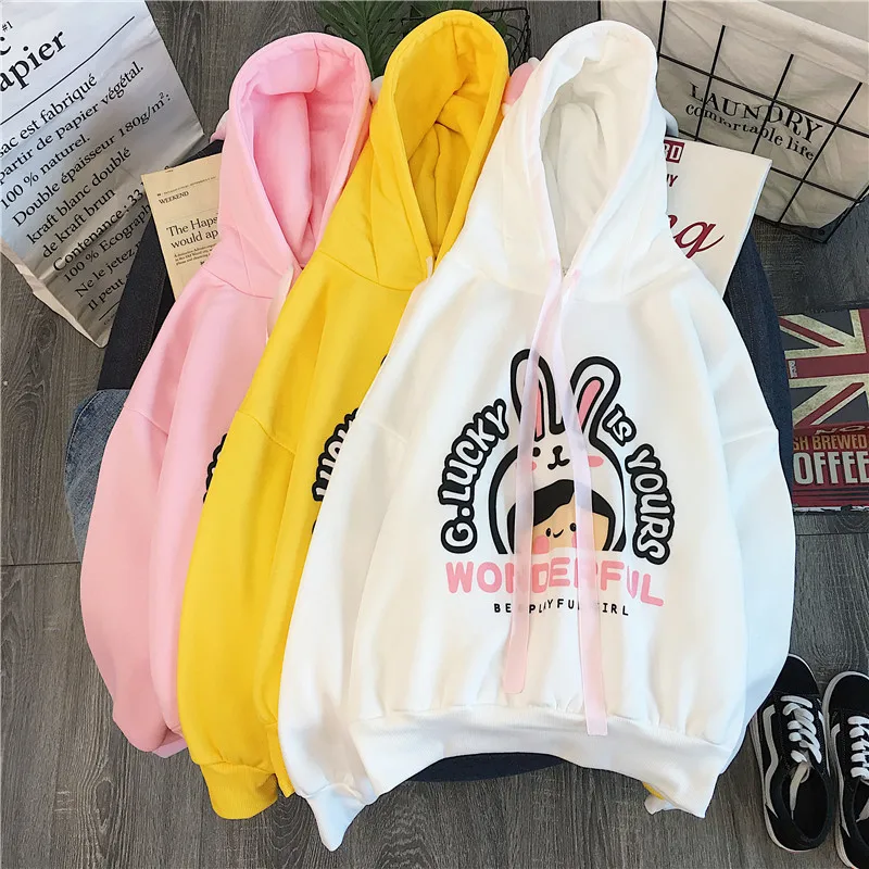 Kawaii толстовки для девочек кролик длинное ухо Sudadera мультфильм печати Толстовка для женщин зима плюс бархат Теплый пуловер топ размера плюс 2XL