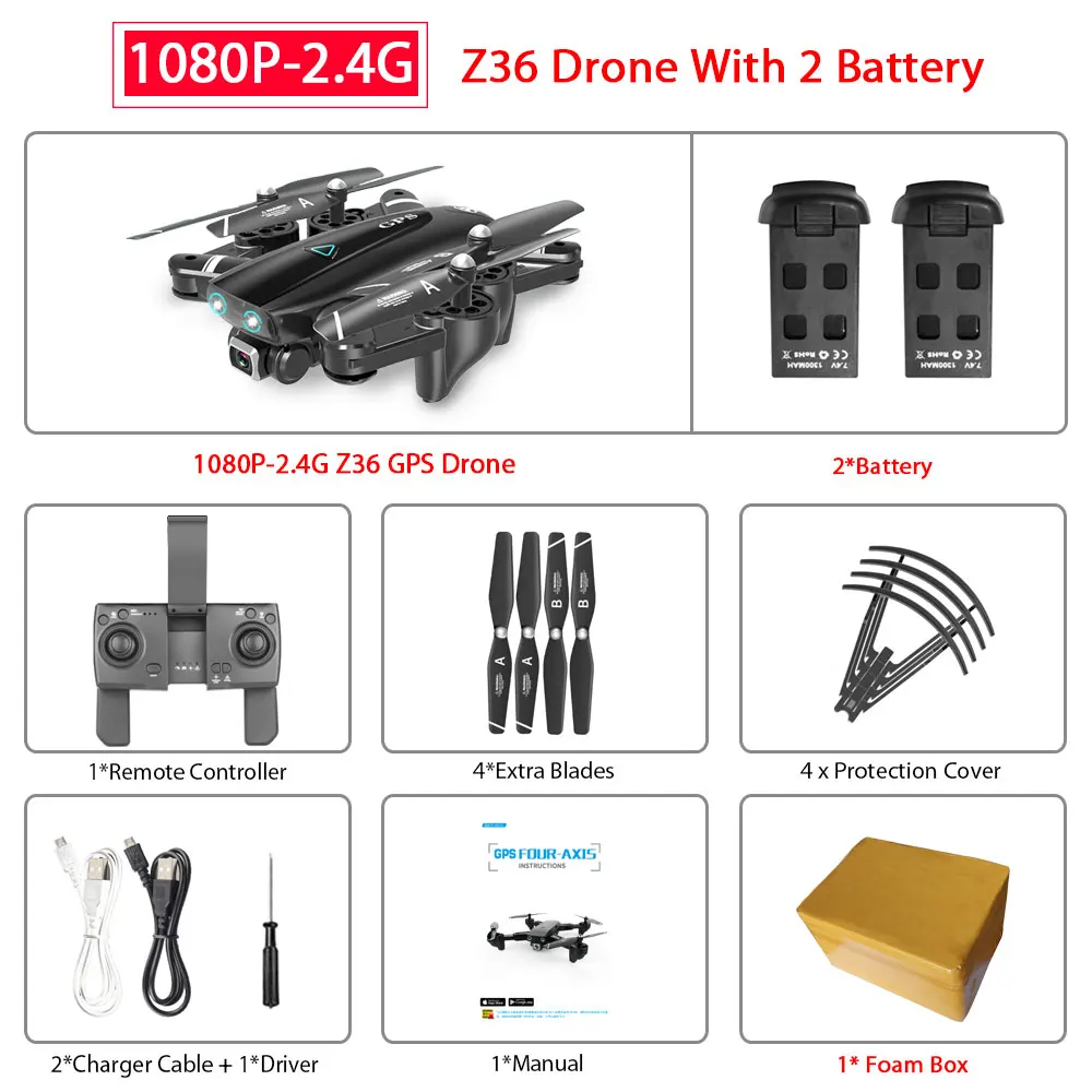 ZWN Z36 gps Квадрокоптер с 720 P/1080 P/4 K HD камерой Rc вертолет gps с фиксированной точкой wifi FPV Дрон следуй за мной режим vs SG900-S E520S - Цвет: 1080P-2.4G 2B Foam