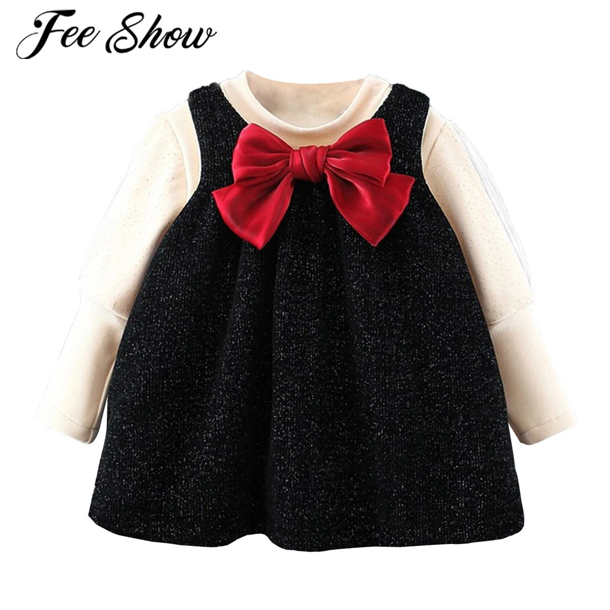 

Baby Girls Dress Autumn Kids Girls Thicken Plus Velvet Long Sleeve Blouse Tops+Red Bowknot Corduroy Dress 2Pcs Suit Kids Clothes