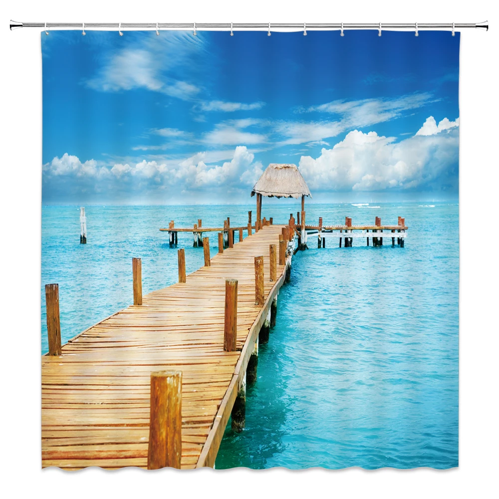 

Seaside Scenery 3d Printed Polyester Shower Curtain Wooden Bridge Nature Fabric Waterproof Bathroom Curtain for Bathtub 180x180