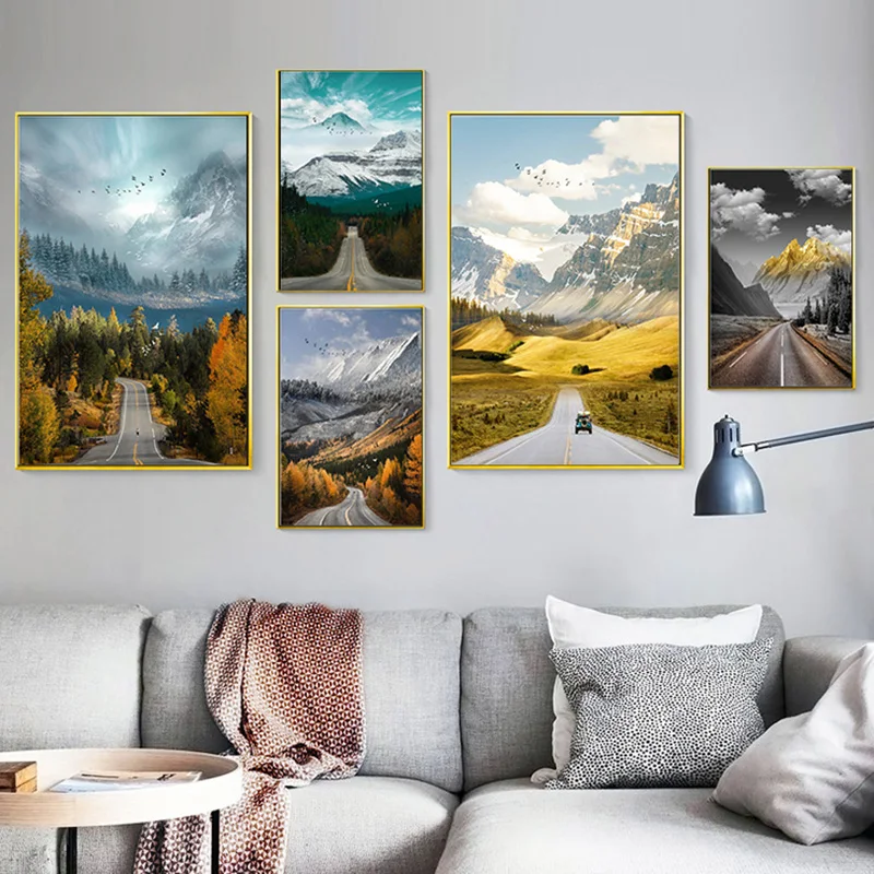 

Nordic Natural Landscape Oil Painting Poster Wall Art Mountain Forest Road Printing Cloth Painting Bedroom Home Decoration
