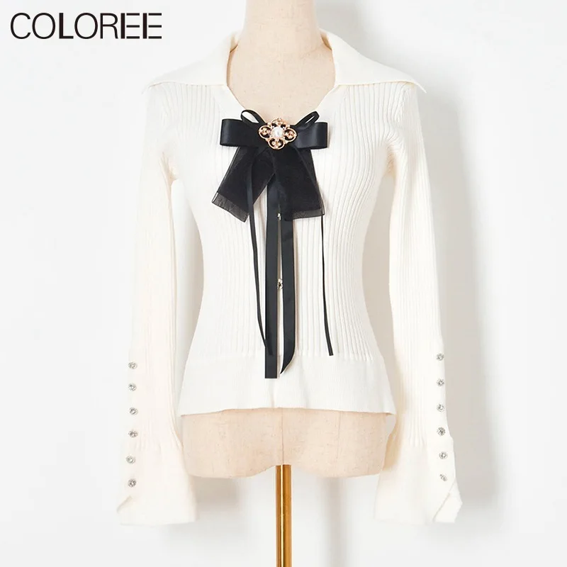 

Runway Designers Tops Women 2021 Korean Elegant Bow Long Sleeve Knitted Sweater Mujer White Black Knit Cardigan Femme