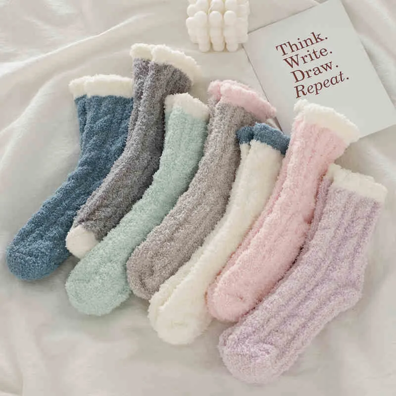 2 Pairs Winter Women Socks Cozy Cashmere Warm Sleep Socks Floor Home Fluffy Girl Socks Coral Velvet Feet Fall Warmer Christmas