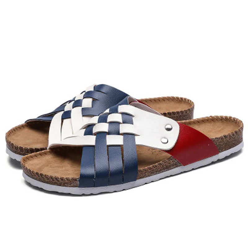 

PU Men Summer Fashion Beach Shoes Woven Belt Sandals Casual Cork Non-slip Couple Sandals and Slippers Women Autumn Slippers