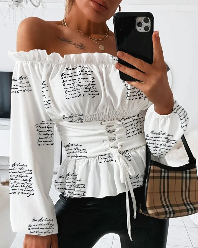 

Printed shirt women's printed deep neckline narrow waist off shoulder long sleeve comfortable shirt