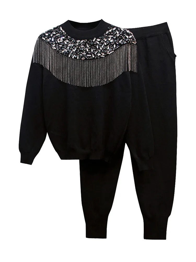 

SuperAen Autumn New Rhinestone Tassel Full O Neck Loose Knit Sweater Casual Pants Two Piece Set Women