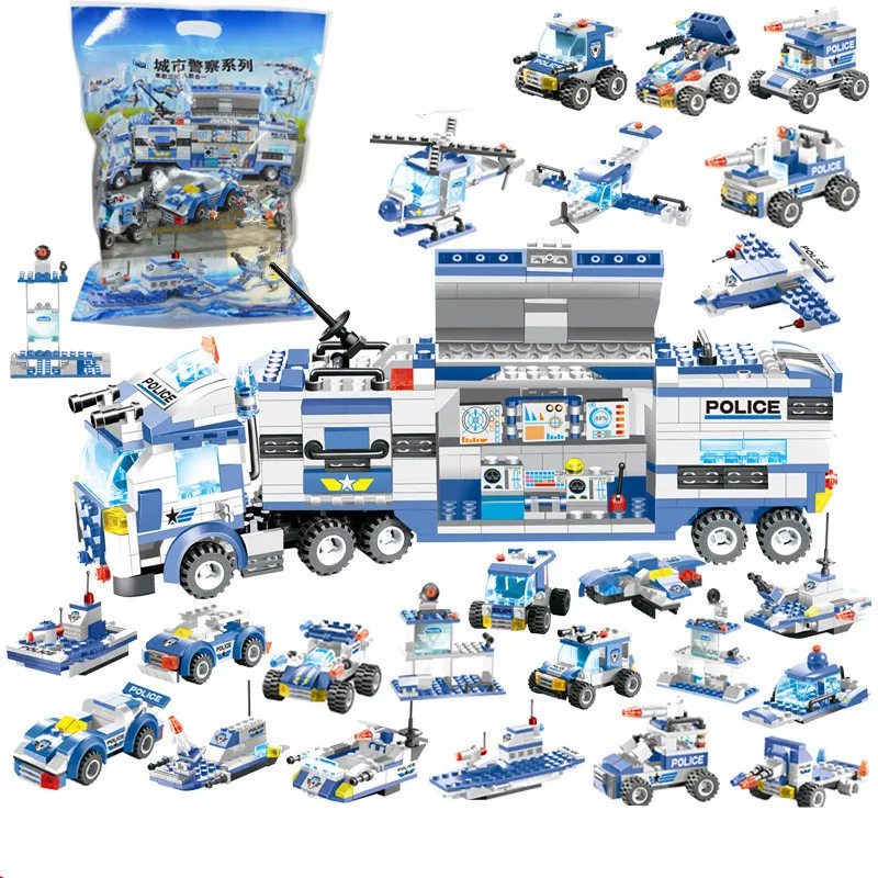 City SWAT Technical Police Station Aircraft Command Vehicle Car Model Building Blocks DIY Creative Bricks Educational Kids Toys