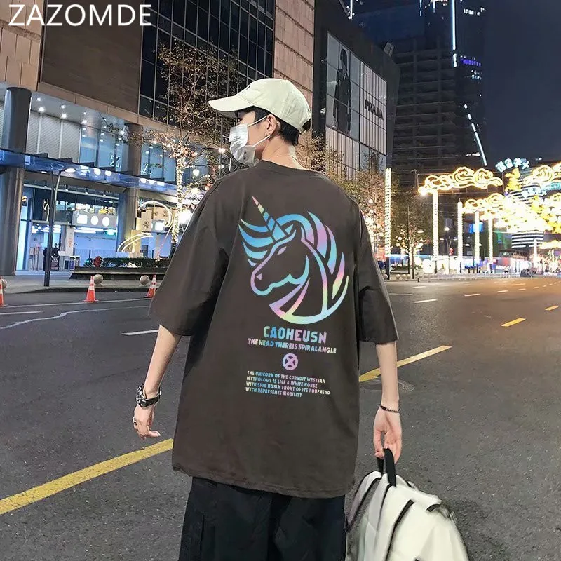 

ZAZOMDE Unicorn T-shirt Men's Summer New Colorful Reflective Men's Tide Brand Short-sleeved T-shirt Neutral Wind hip hop T-shirt