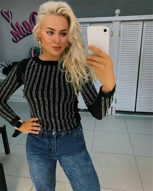 Женская футболка с длинным рукавом и бусинами Осенний джемпер повседневная