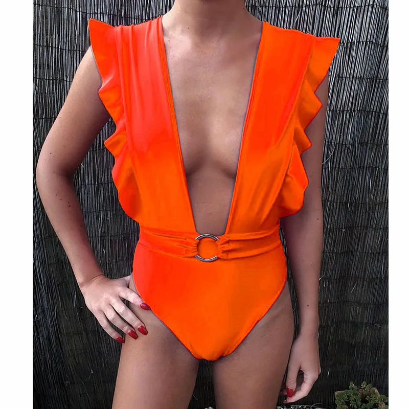 F Для женщин Одна деталь купальник с глубокой купальные костюмы V-Neck оборками боди Maillot De Bain купальный костюм пуш-ап Пляжная одежда - Цвет: F
