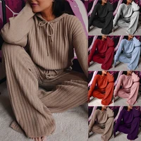 spring autumn knitted slightly transparent pajama nightwear set women hooded wide leg pants suit long sleeve sleepwear loose
