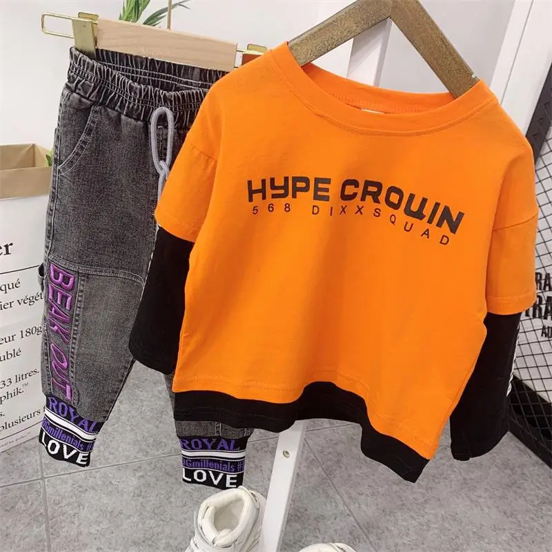 Baby Boys Clothing Sets Spring Autumn Children's Fake two T-shirts+ Jeans Pants 2pcs Suits Sports Kids Clothes Fashion | Детская