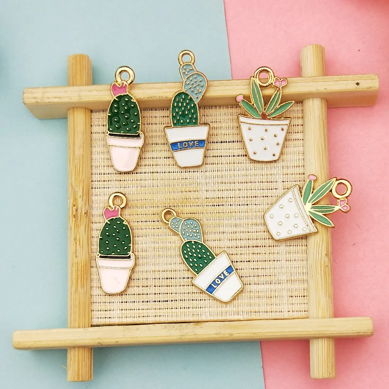 10pcs Enamel Green Plant Potted Cactus Metal Charms Pendants Fit Earring Bracelet Floating Fit Jewelry DIY Accessory Golden Base