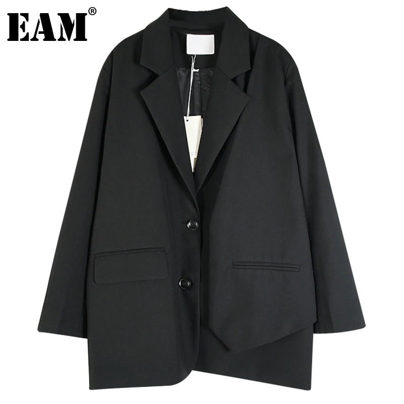

[EAM] Women Black Irregular Big Size Casual Blazer New Lapel Long Sleeve Loose Fit Jacket Fashion Spring Autumn 2022 1DE2790