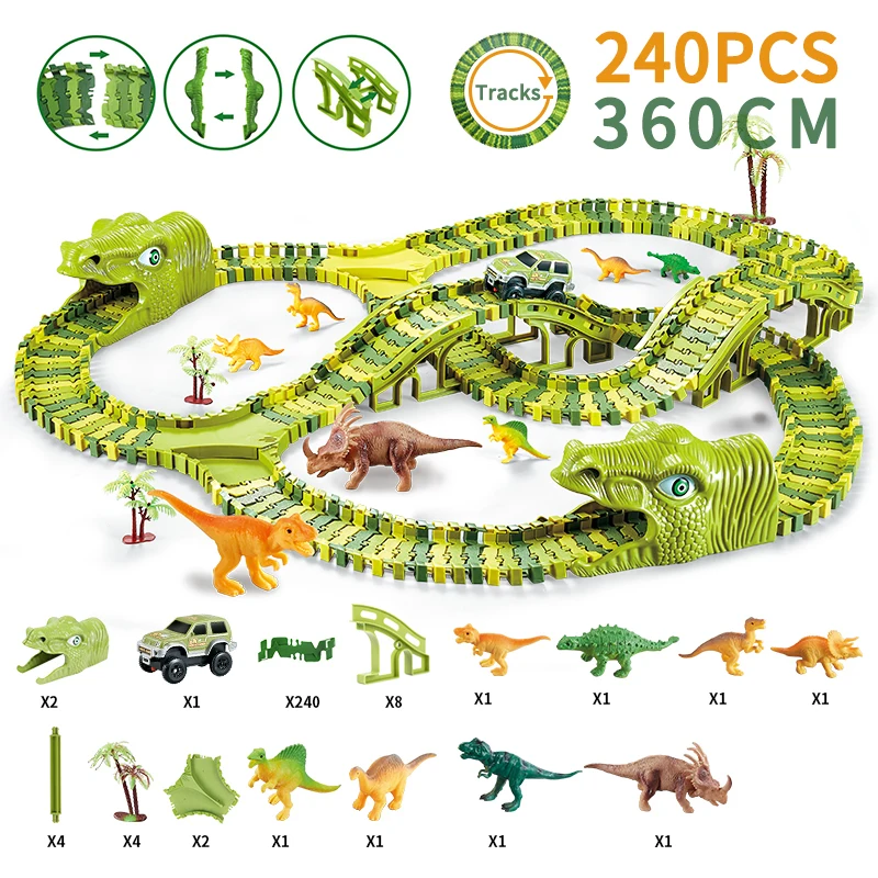 

240 Pcs dino jurassic world dinotrux magic railway children's electric car race track flexible dinosaurs toys for boys
