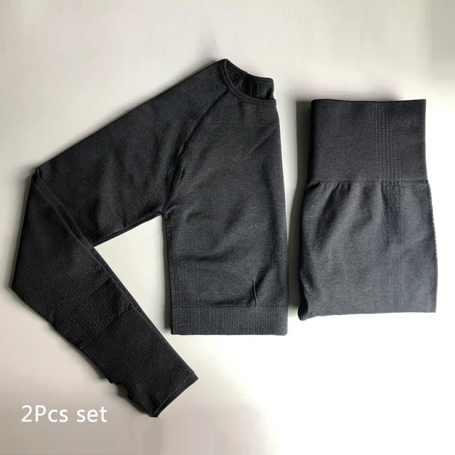 Black 2pcs set Женский Vital бесшовный комплект для йоги, одежда для фитнеса, спортивная одежда, женские леггинсы для спортзала, леггинсы с пуш-ап, укороченные рубашки, спортивные костюмы - Цвет: Black 2pcs set