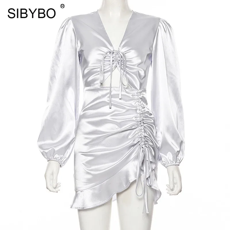 As Shown SIBYBO оборками плиссированная полая из вечерние платье Для женщин с длинным рукавом, v-образный вырез, сексуальное мини-платье ассиметричного кроя женские Повседневное платья - Цвет: As Shown