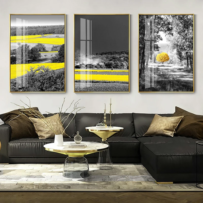 Скандинавский черный и желтый пейзаж Цветочное поле дерево промышленный стиль