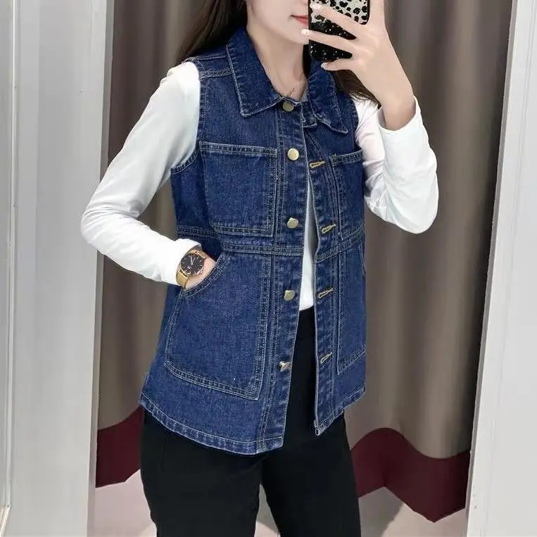 Женский джинсовый жилет универсальный без рукавов винтажная куртка из денима в