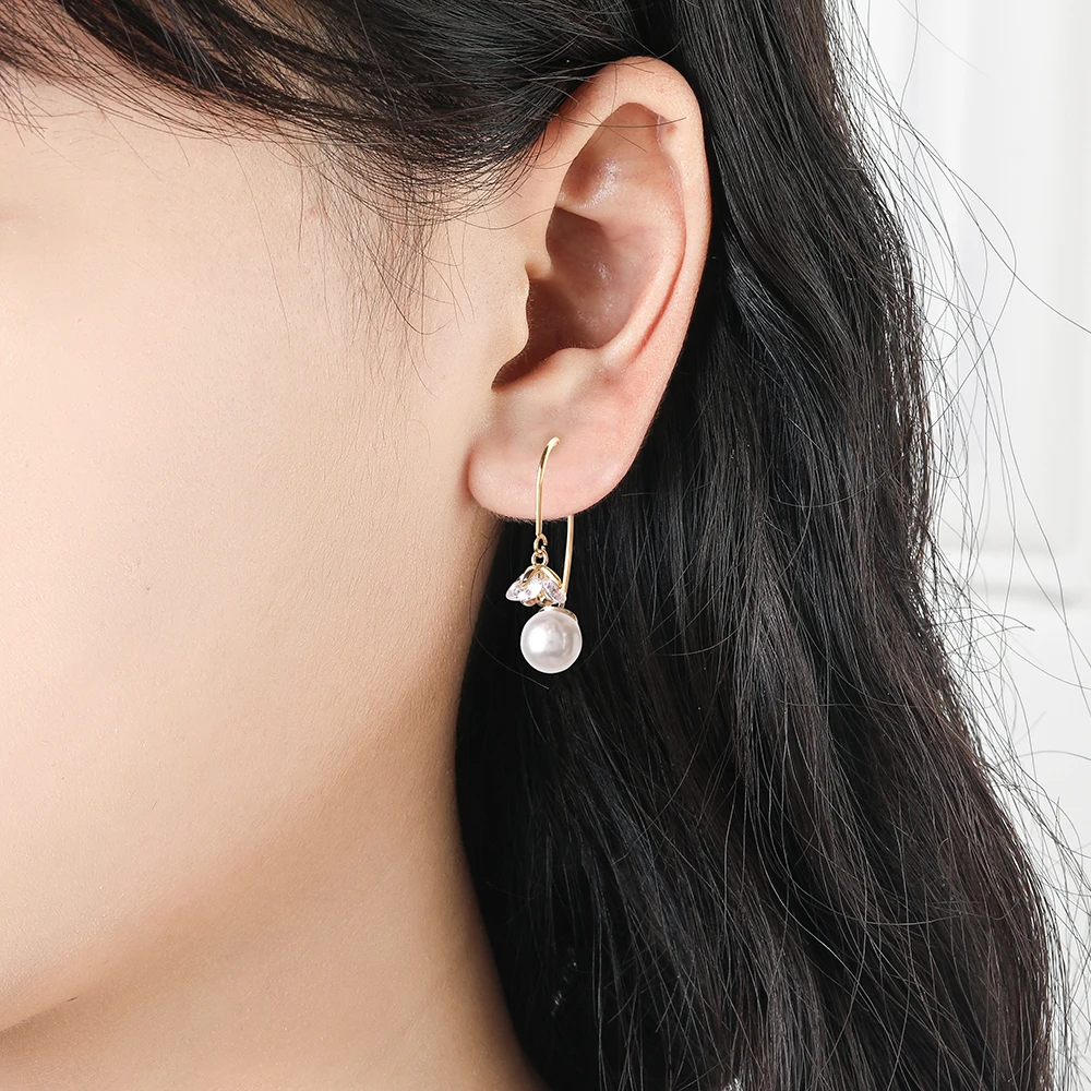

Ant Angel 2020 Summer Newest U- type Zircon Ear Drop OL style For Office Women Pearl 14 K Gold Plated Earrings Anniversary Gift