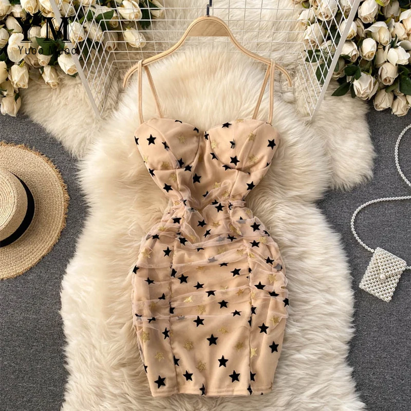 

YuooMuoo Sexy Chest Padded Night Club Mini Dress 2021 Summer Backless Star Decoration Mesh Ruch Bodycon Dress Bar Budydy Dress