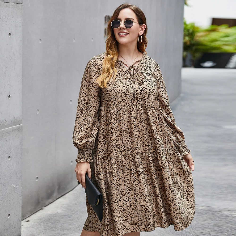

2021 New Loose Floral Ladies Spring And Summer Plus Size Women'S Long Skirt Women'S Long-Sleeved Casual V-Neck Dress