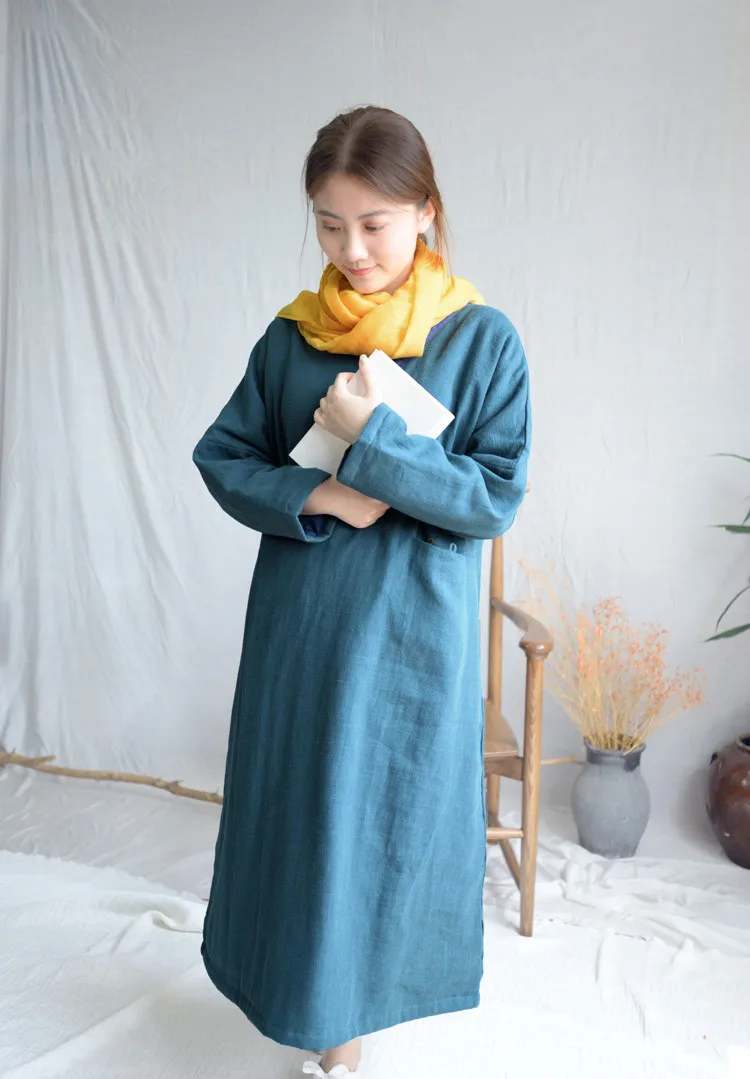 SCUWLINEN/ Женское зимнее платье, однотонное, с v-образным вырезом, в стиле пэчворк, в стиле ретро, плотное, теплое, свободное, с хлопковой подкладкой, длинное платье дзен, S1004