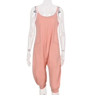 

Women's White Pink Black Pullover Loose Slacks Thin Suspenders Top Pocket T-shirt Jumpsuit Hip-hop Seven-point Bondage Jumpsuit