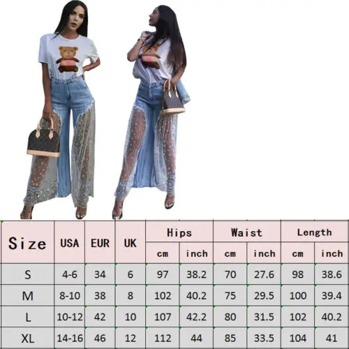 

Women Lace Star Printed Patchwork Jeans Ladies Lace Tulle Splice High Waist Button Pants See-through Wide Leg Pants S-XL