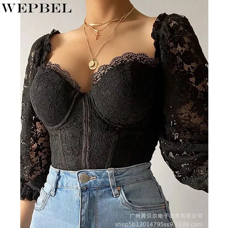 

WEPBEL Sexy Lace T-shirt Women's Mesh Hollow Out Splicing T-shirt Autumn Three Quarter Lantern Sleeve Strapless V-neck T-shirt