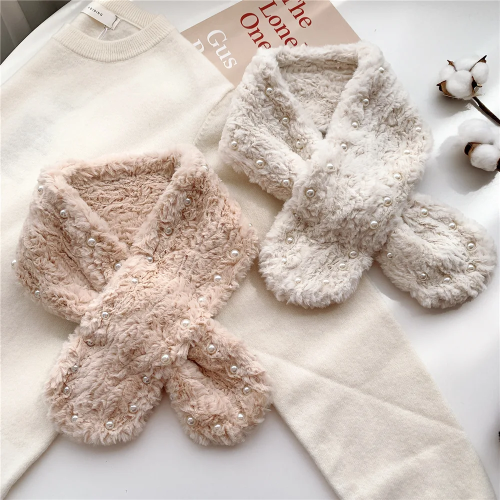 

2020 New Winter Ladies Collar Scarfs Fashion pearl plush Women's scarf Imitation Fur Korean Cute Warm Ins Stondents Scarves