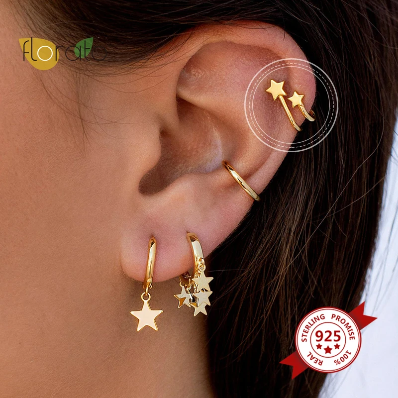 

Real 925 Sterling Silver Dainty Double Star Ear Suspender Stud Earrings For Women Fashion Jewelry Wholesale/Dropshipping