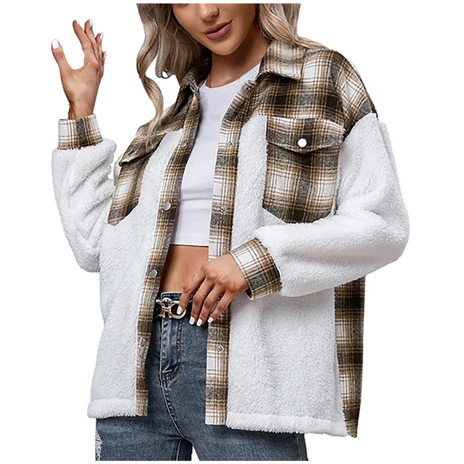 

Women Oversize Harajuku Blouse Ladies Casual Loose Wool Plaid Shirt Block Long Sleeve Turndown Collar Pullover Top Plaid Shirt