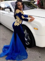 royal blue velvet with gold lace evening prom dresses long sleeve off shoulder mermaid %d9%81%d8%b3%d8%a7%d8%aa%d9%8a%d9%86 customize plus size velour dress