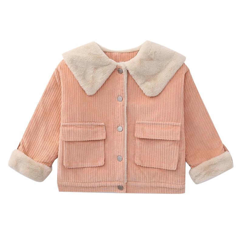 

HOT Girls' winter jacket thickened winter parka 4-13 years old Large pocket stitching baby Corduroy large lapel cotton jacket