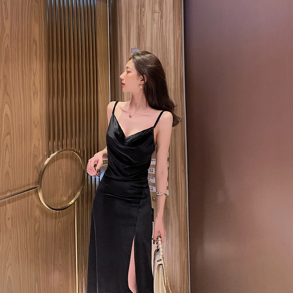 

Cross border 2020 new French retro thin base strap split vacation sexy dress women's wear