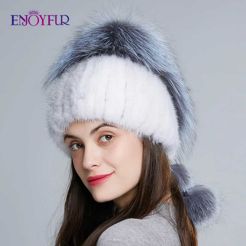 Женская шапка бини ENJOYFUR, русская шапка из натурального меха норки с помпонами из натурального меха чернобурки на зиму