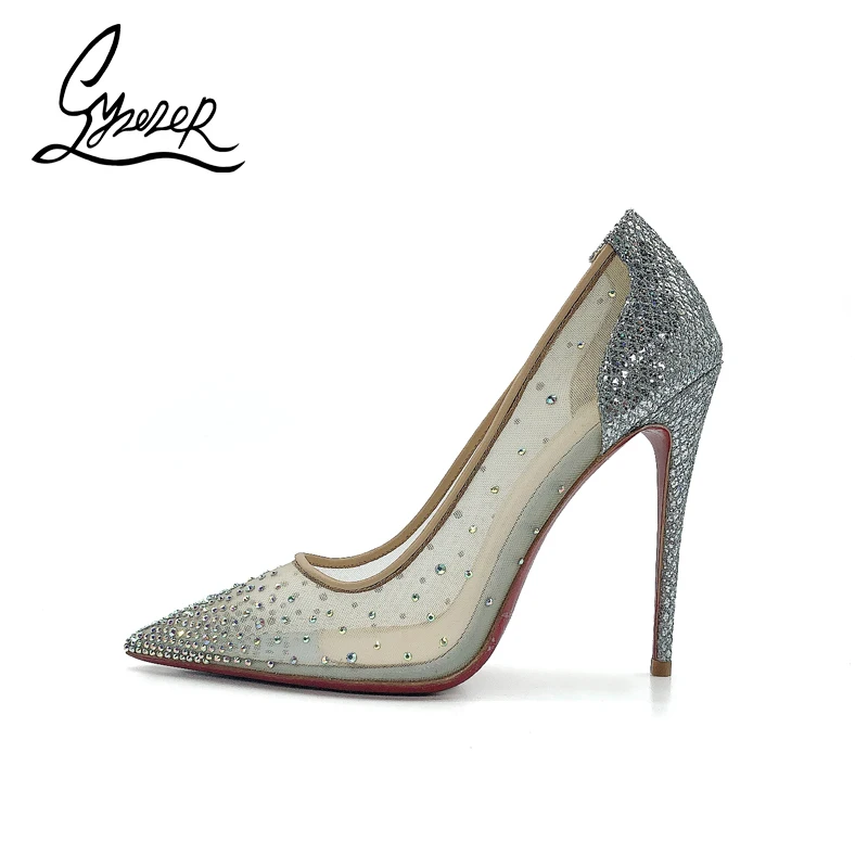 

Yuerui Silver Elegant Crystal Shoes Net Gauze Sequins Shiny High Heels Pointed Toe Stiletto Ladies Single Shoes Wedding Banquet