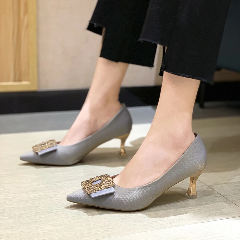 

DLEK Women High Thin Heel Shoes Ladies Slip-on Elegant Lady Pumps Mature Square Button Shallow Office Female Shoe