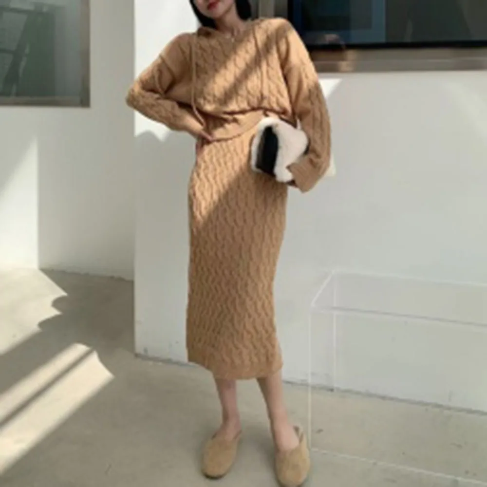 

Женский трикотажный комплект из юбки и свитера с капюшоном, однотонный офисный костюм из двух предметов, Осень-зима 2021