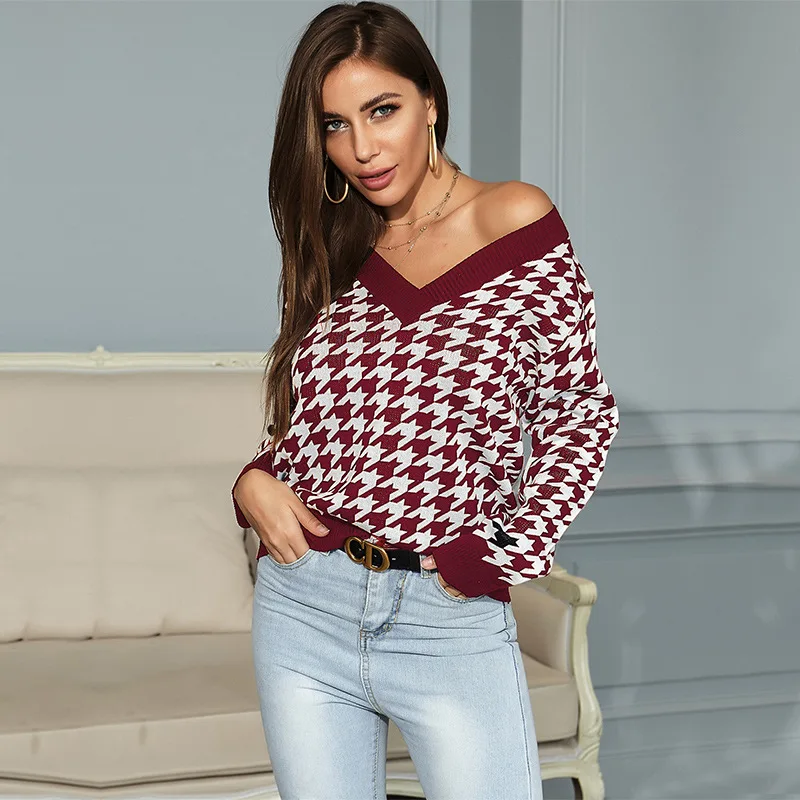 

Новинка, зимняя одежда, Женский кашемировый свитер в клетку, Свободный вязаный пуловер с V-образным вырезом, модные Универсальные свитера из...