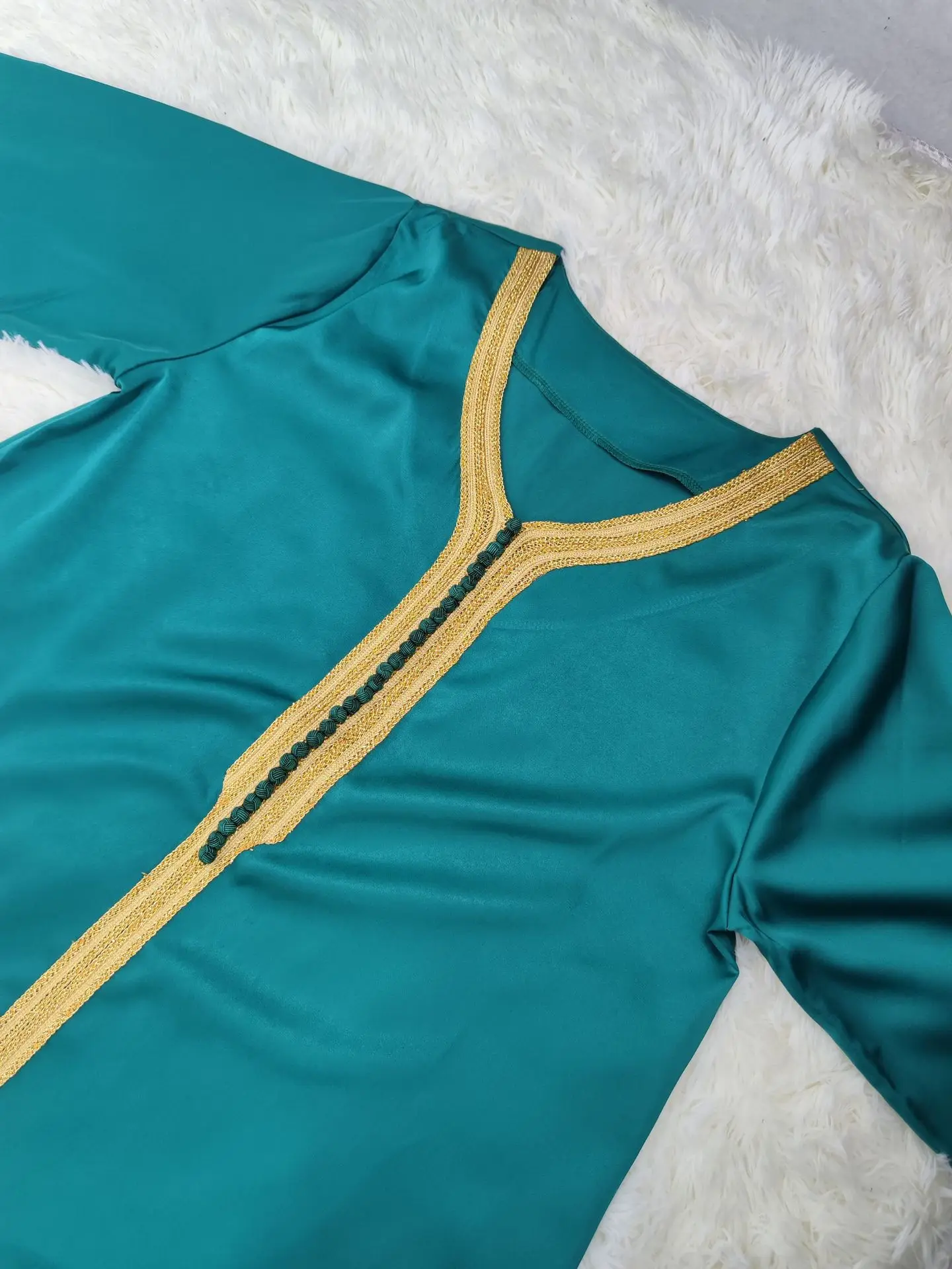 

Arabic Dresses for Women Fall 2020 Golden Ribbon Patchwork V Neck Long Sleeve Maxi Dress Muslim Turkish Clothing Satin